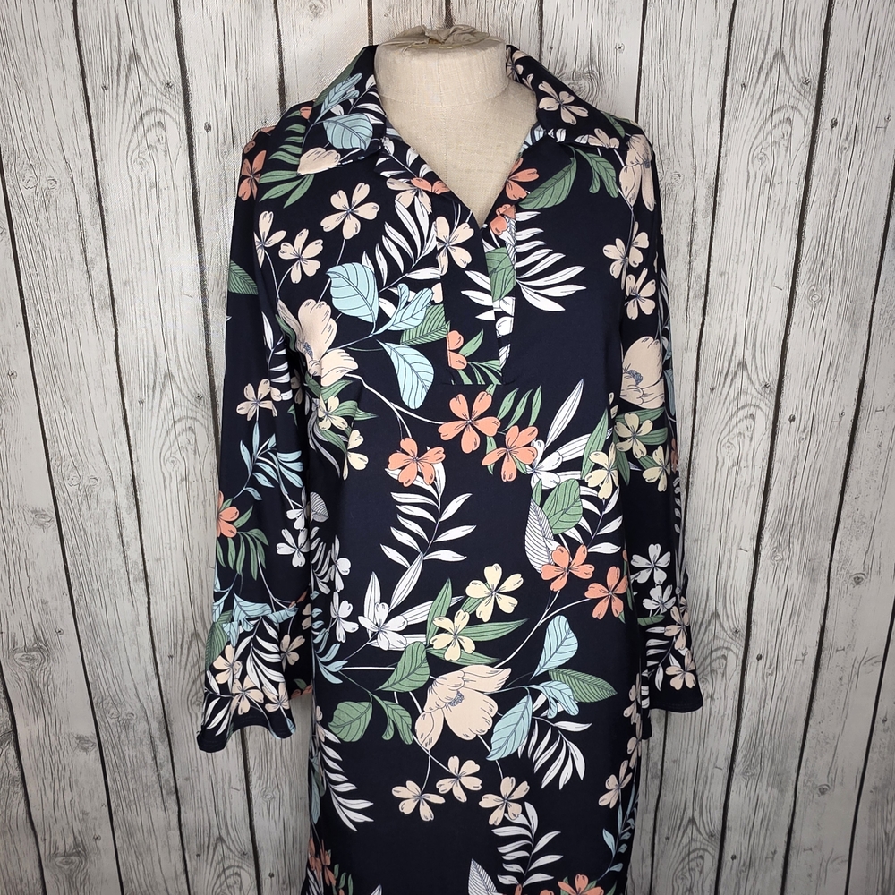 NM Neiman Marcus Navy Floral Collared Tunic Dress Size 10 Luxury Academia
